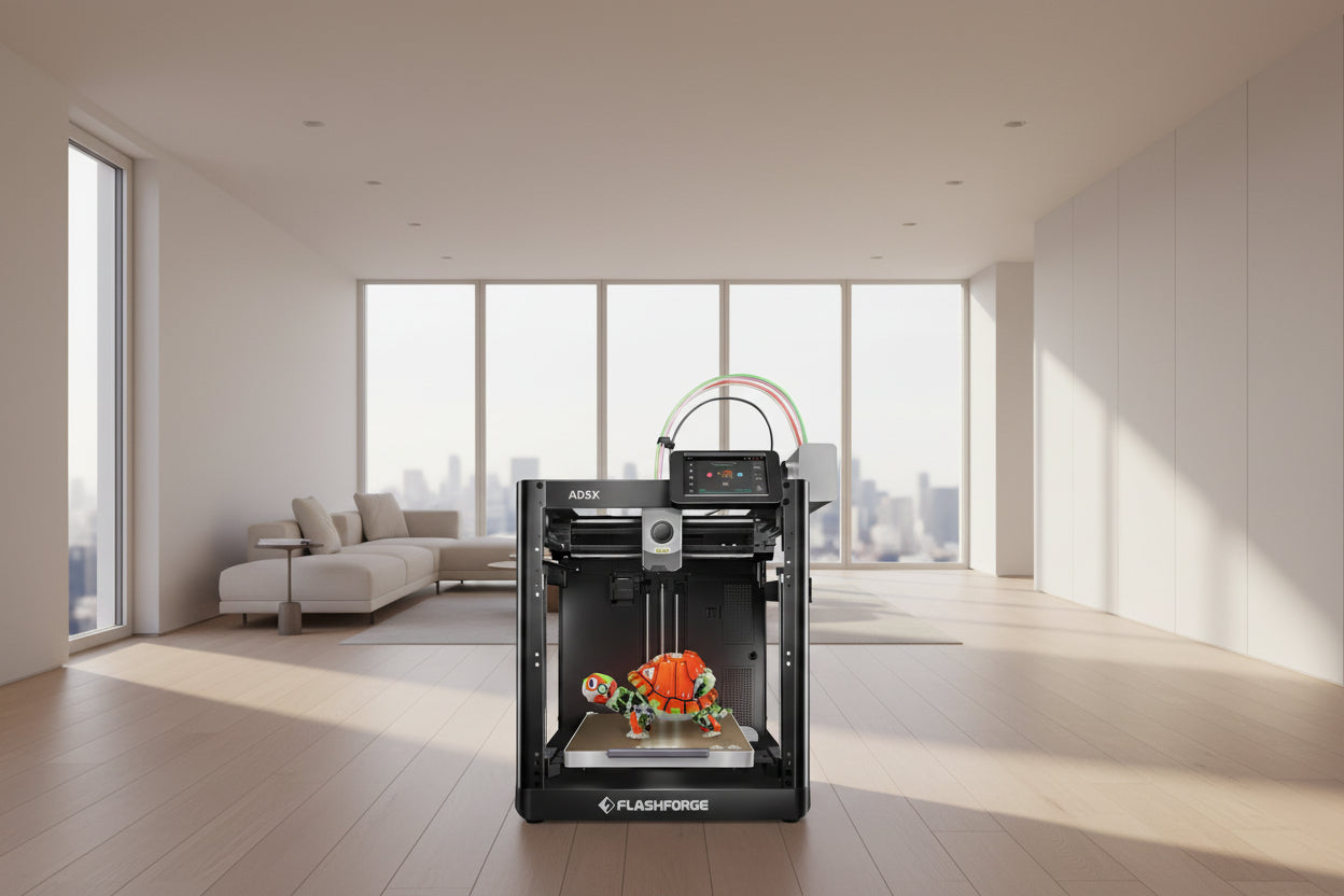 3D printer with a colorful turtle model on the bed, featuring the FlashForge brand.