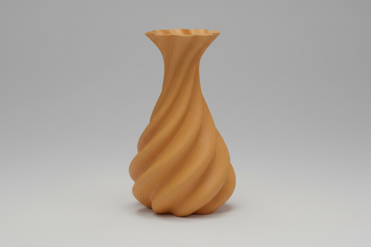 3D-printed vase with wavy design in a silk copper color.