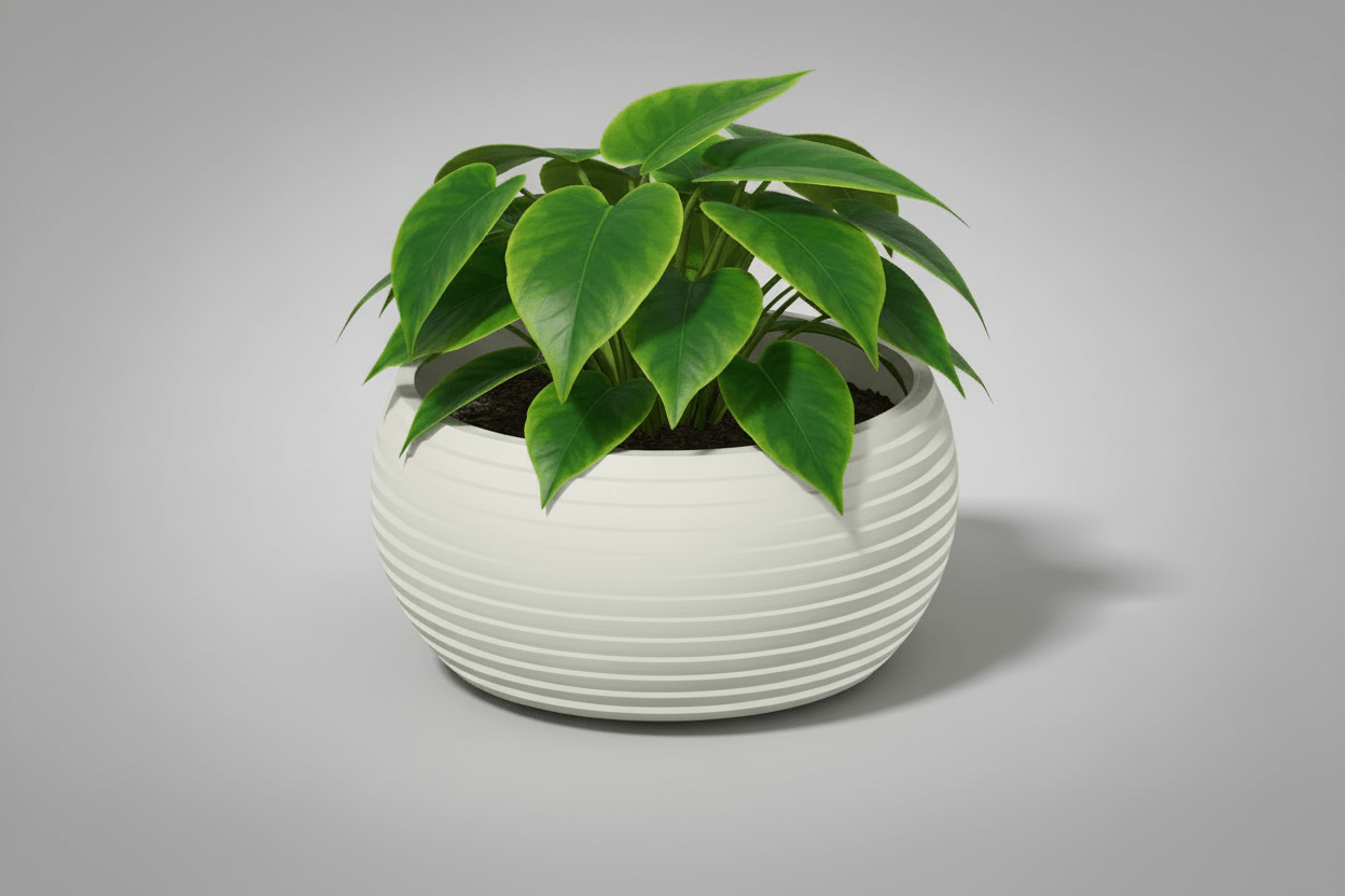 Modern Curved Decorative Planter with lush green leaves, enhancing contemporary interior decor.