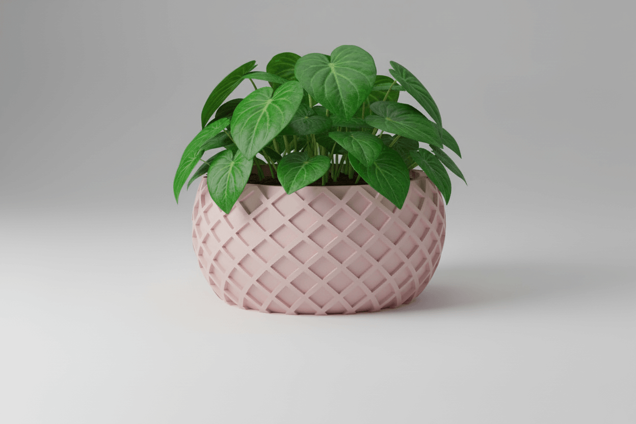 cross spiral planter with green leaves in a pink woven pot on a gray background.