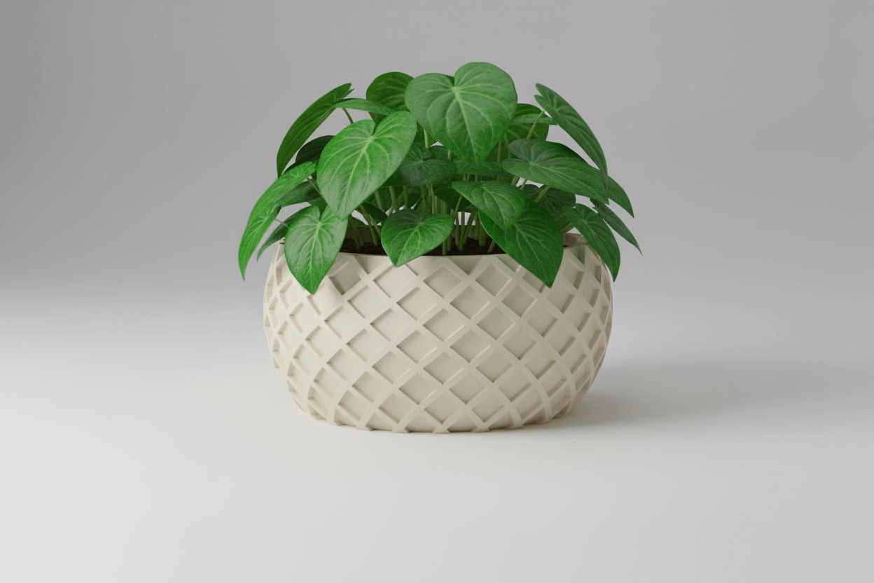 cross spiral planter with lush green leaves in a textured cream pot.